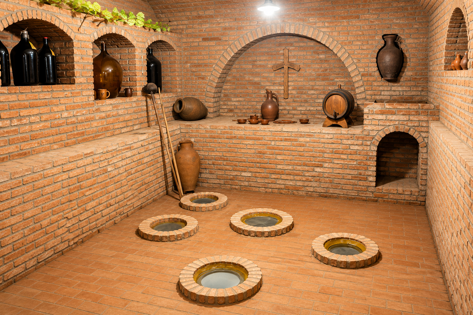 Traditional Georgian wine cellar with qvevri in Tbilisi
