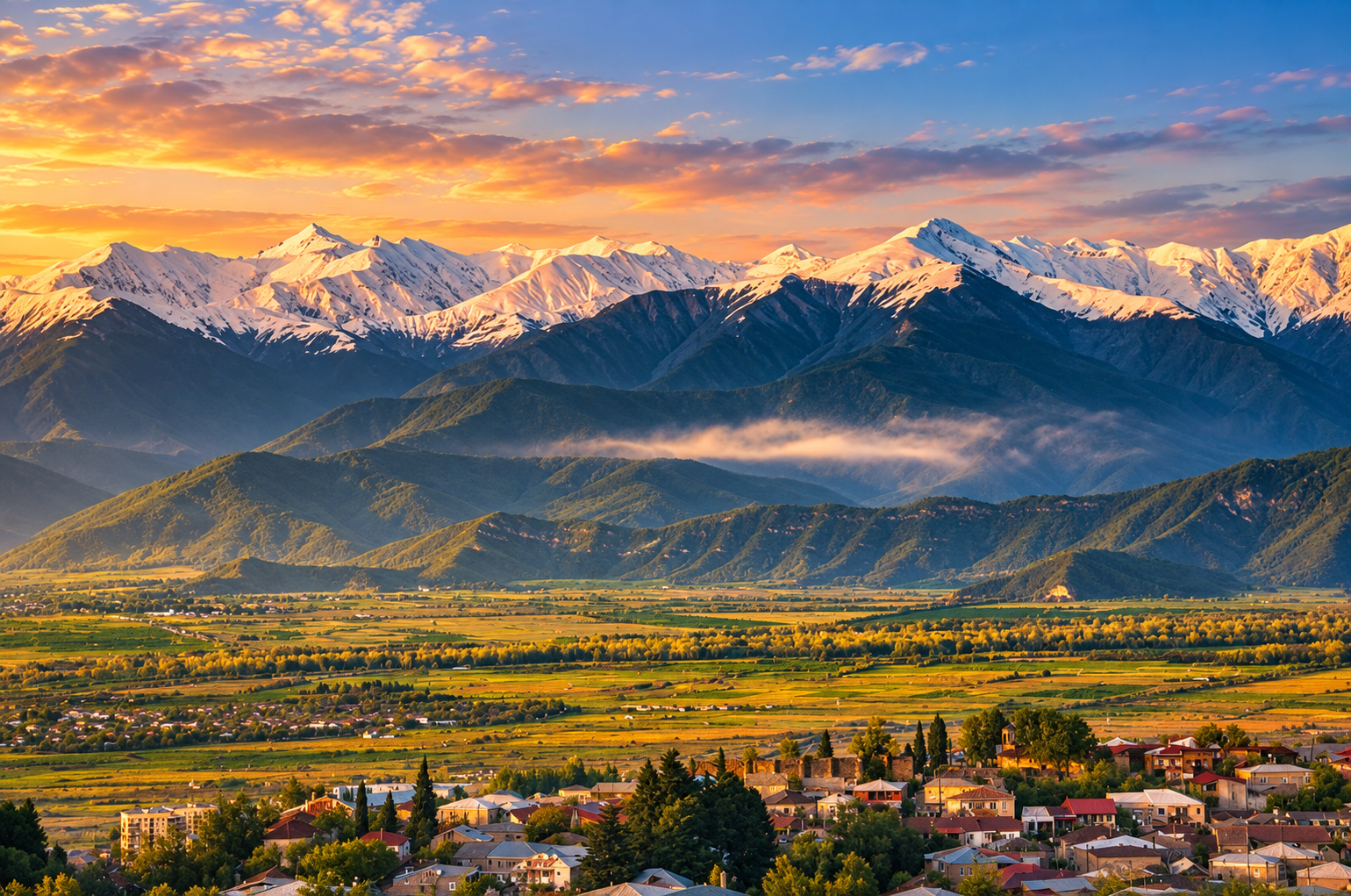 Alazani Valley in Kakheti, Georgia, surrounded by the Caucasus Mountains