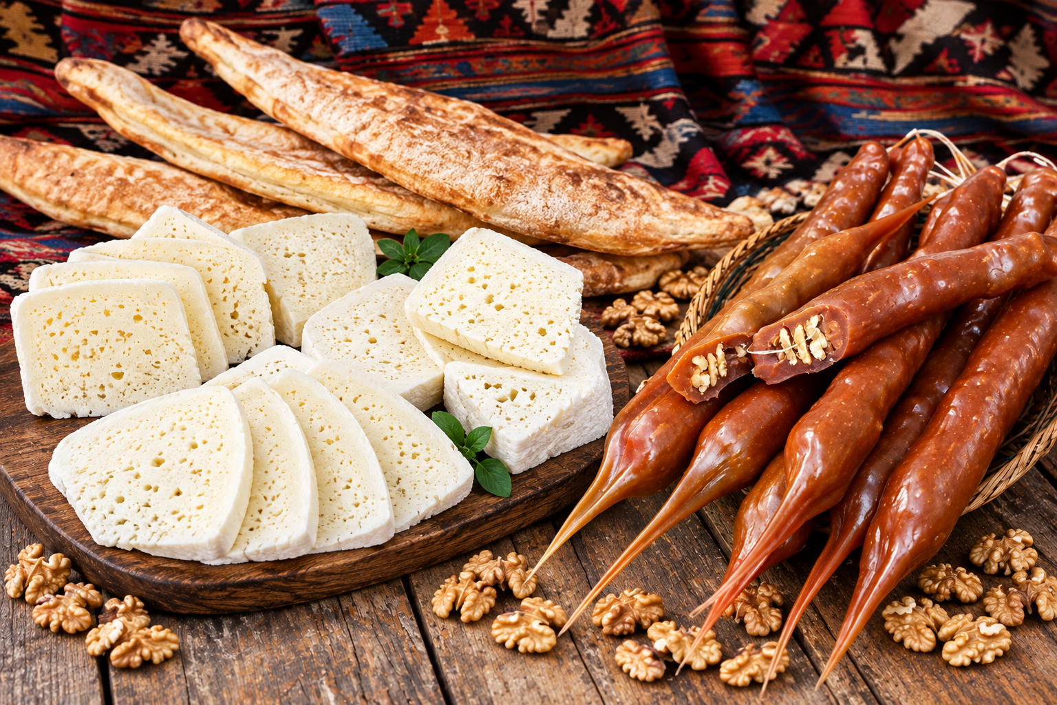 Traditional Georgian churchkhela, bread and local cheese in Kakheti, Georgia