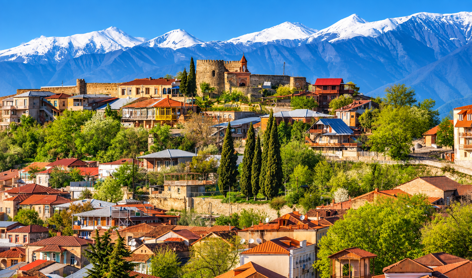 Aerial view of Sighnaghi surrounded by green hills and mountains in Kakheti, Georgia