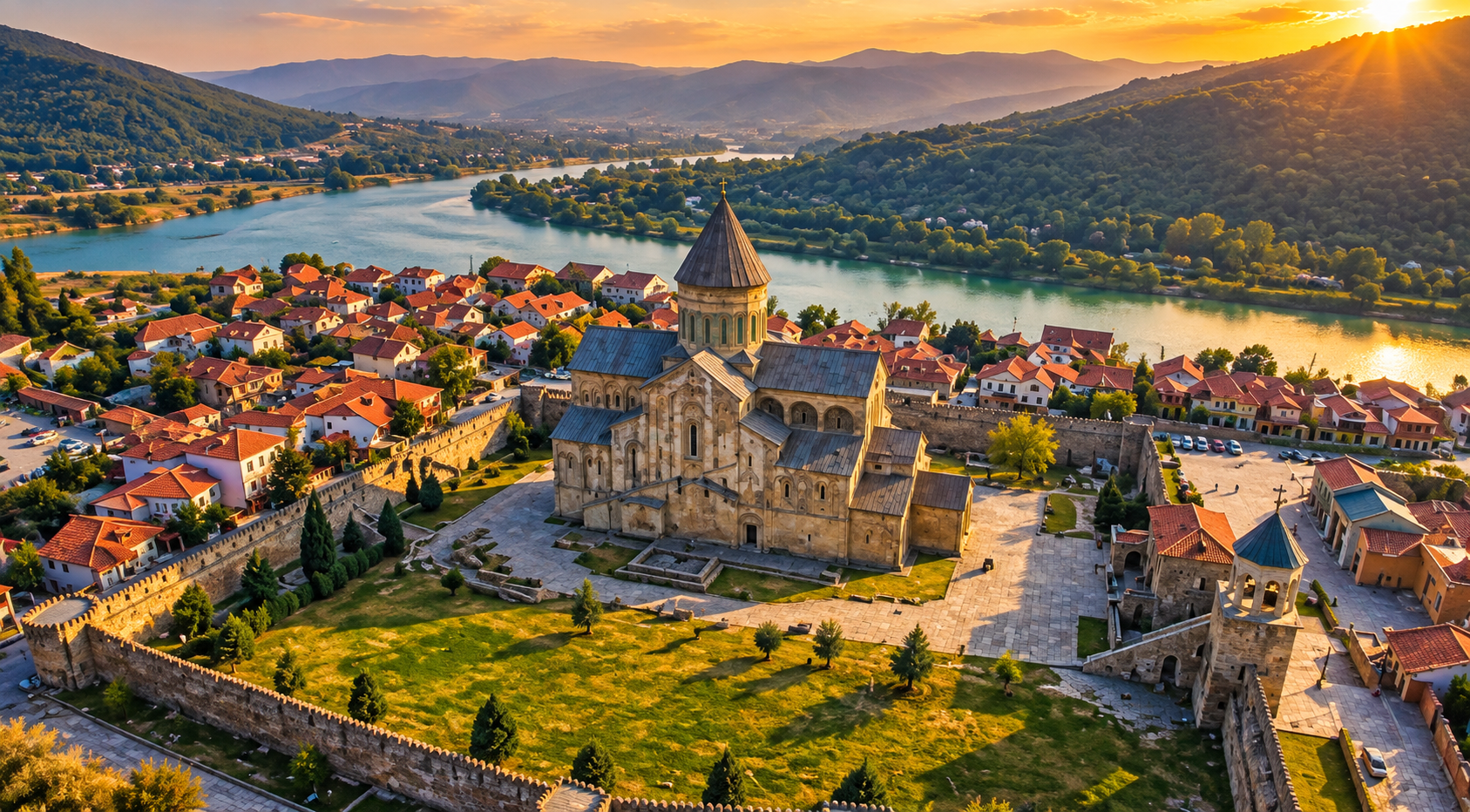 Svetitskhoveli Cathedral in Mtskheta, Georgia, surrounded by historic fortress walls and Caucasus