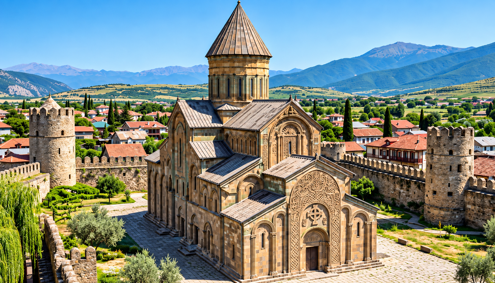 Svetitskhoveli Cathedral in Mtskheta, Georgia, surrounded by historic fortress walls and Caucasus mountains
